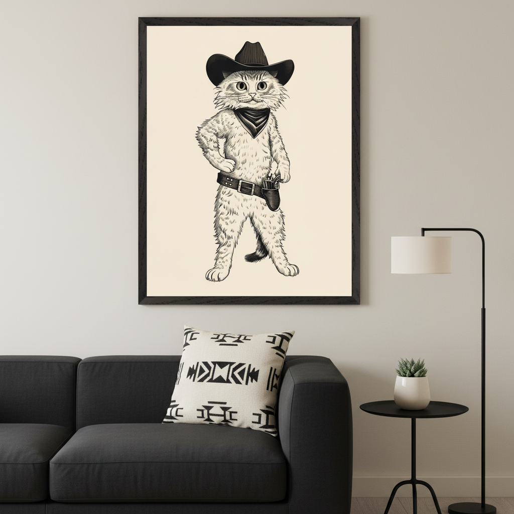 Modern living room with a dark gray sectional sofa. A large black-framed print of a black and white illustration of a cat dressed as a cowboy hangs above the sofa. A patterned throw pillow is on the sofa, and a black side table with a plant and a floor lamp are to the right.