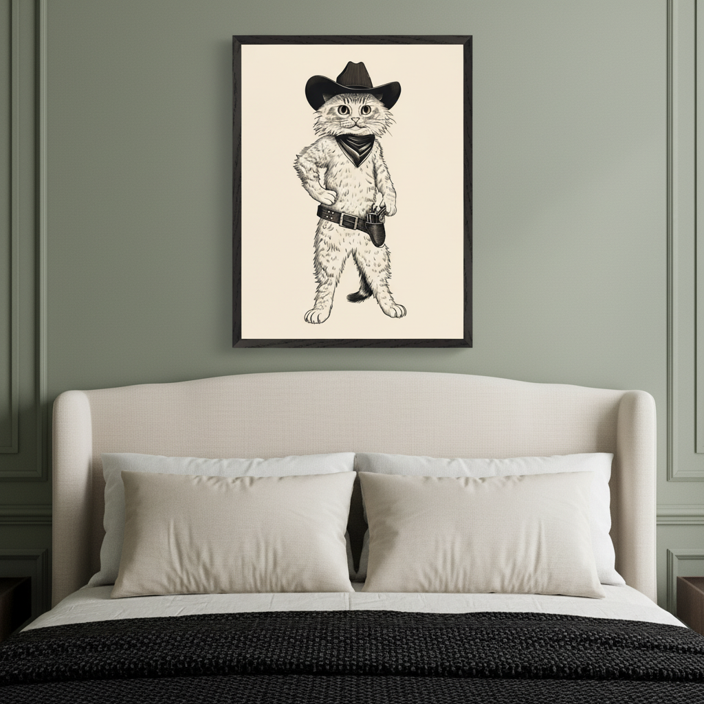 Bedroom with a cream upholstered bed. A framed black and white sketch of a cowboy cat with a hat, bandana, and pistol hangs centered above the bed's headboard.