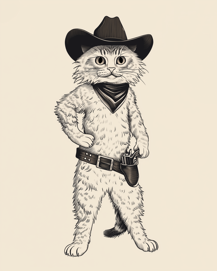 Black-and-white line drawing of a fluffy cat standing upright dressed as a cowboy, complete with a hat, bandana, belt, and holster. The cat stands confidently with one paw resting on its hip.