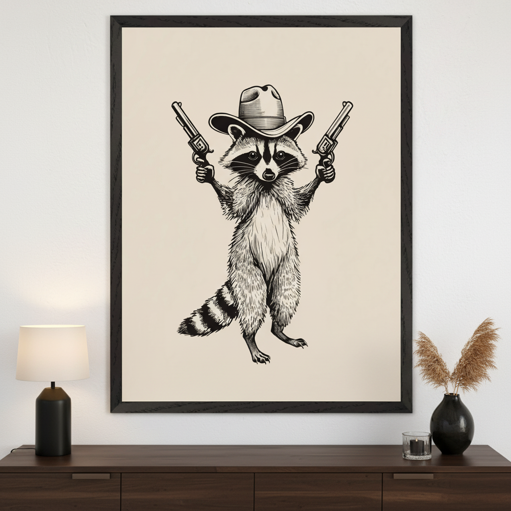 Modern living room with a dark brown wooden credenza. A large black-framed print of a black and white illustration of a raccoon in a cowboy hat holding two revolvers hangs centered above the credenza.