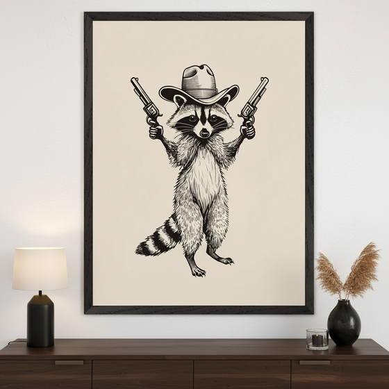 Modern living room with a dark brown wooden credenza. A large black-framed print of a black and white illustration of a raccoon in a cowboy hat holding two revolvers hangs centered above the credenza.