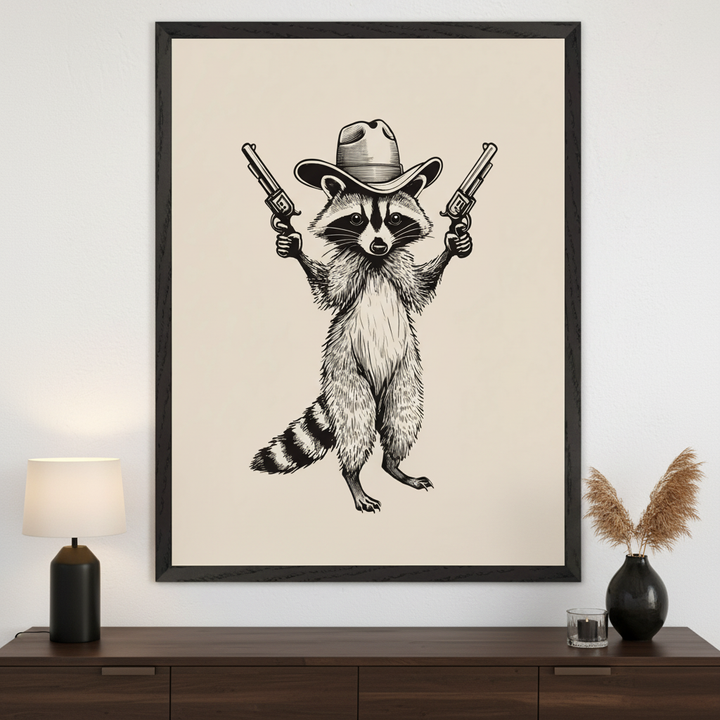 Modern living room with a dark brown wooden credenza. A large black-framed print of a black and white illustration of a raccoon in a cowboy hat holding two revolvers hangs centered above the credenza.