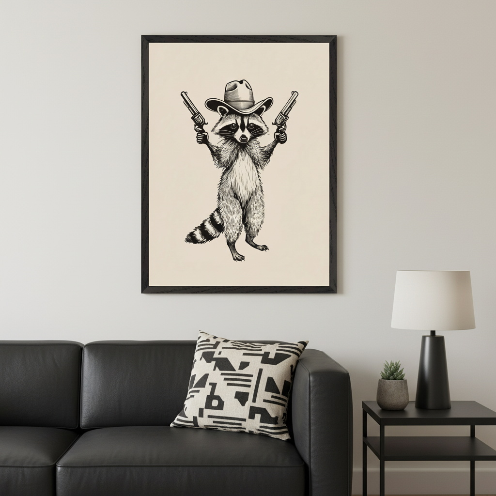 Modern living room features a framed black and white sketch of a raccoon in a cowboy hat holding two pistols, displayed above a black leather sofa. A geometric pillow is on the sofa, and a side table with a lamp is to the right.