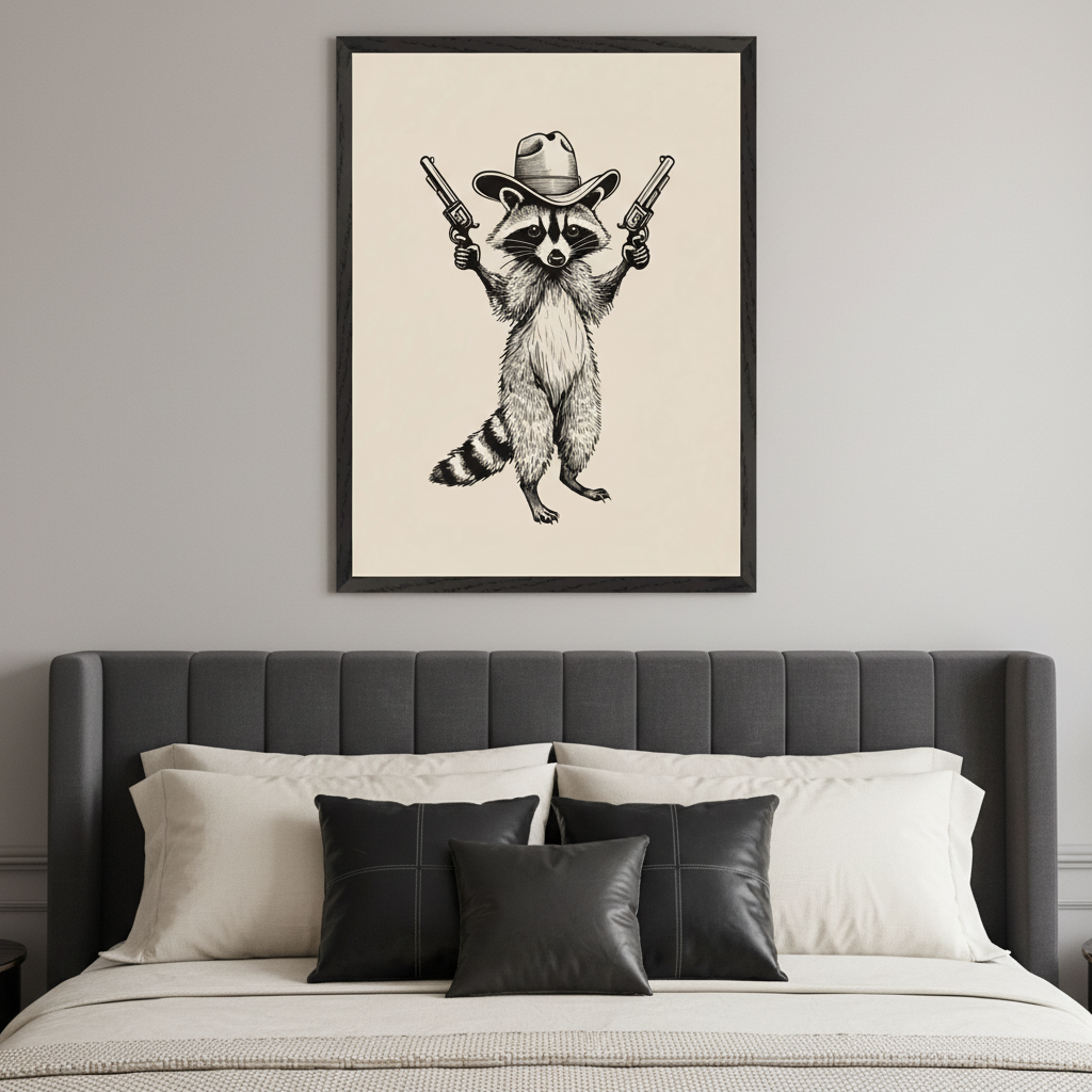 Modern bedroom with a dark gray upholstered bed. A large framed print of a raccoon in a cowboy hat holding two revolvers, in a line art style, hangs centered above the bed.