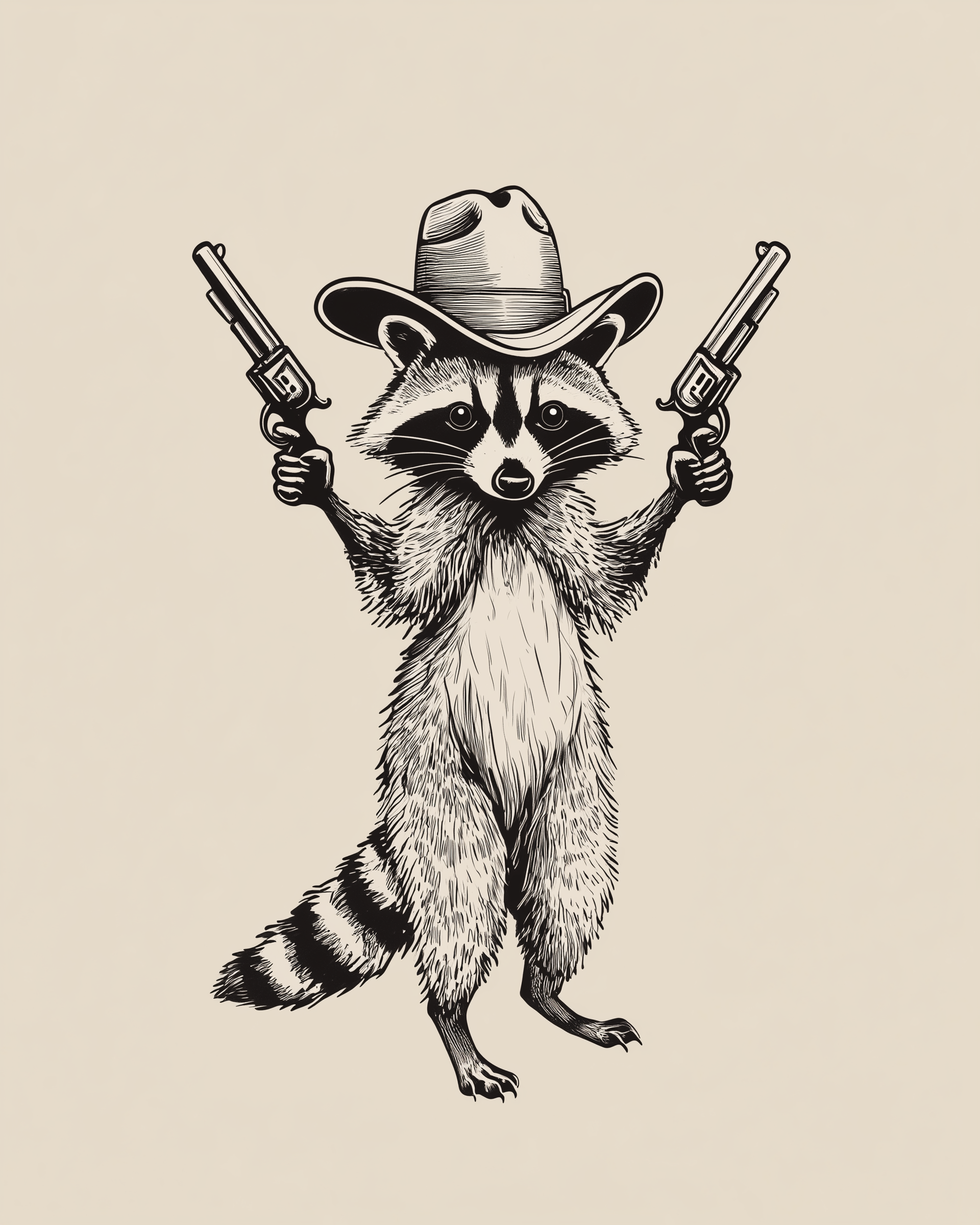 Black-and-white illustration of a raccoon standing upright, wearing a cowboy hat and holding two pistols pointed upward. The raccoon's detailed fur contrasts with its playful, bold pose.