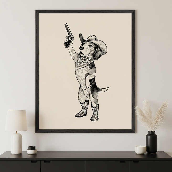 Modern room with a black credenza. A large framed black and white drawing of a beagle dog dressed as a cowboy, wearing a hat and boots, holding a revolver upwards, hangs above the credenza.
