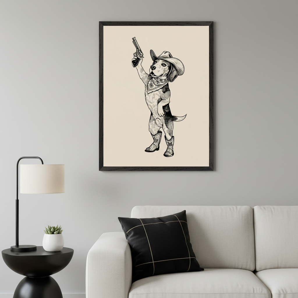 Modern living room with a white sofa and a black side table with a lamp. Above the sofa, a framed black and white sketch shows a beagle dog wearing a cowboy hat, bandana, and boots, holding a revolver upwards.