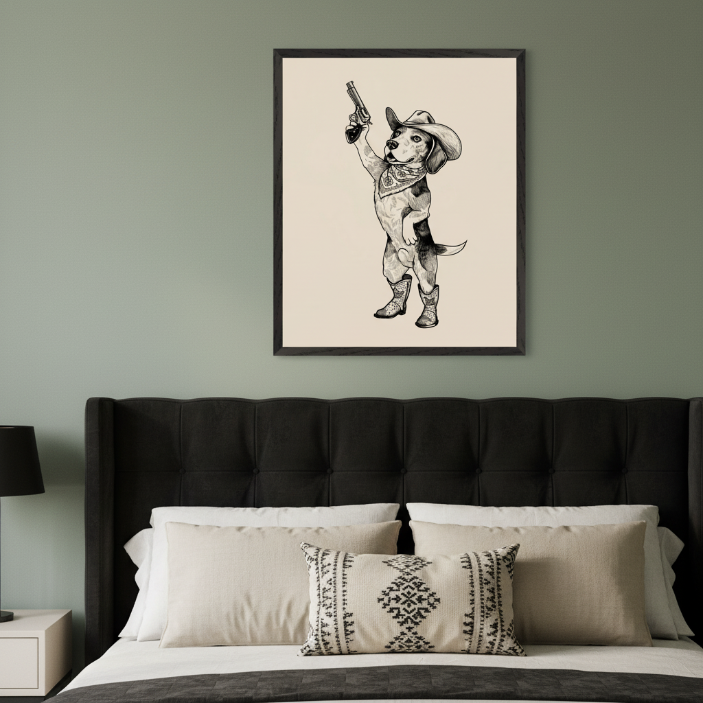 Modern bedroom with a black upholstered bed and a white bedside table. A framed sepia-toned sketch of a beagle dog wearing a cowboy hat, bandana, and boots, holding a revolver, hangs above the bed.