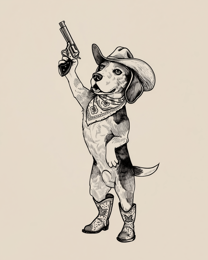 Black-and-white drawing of a dog dressed as a cowboy, complete with a wide-brimmed hat, paisley bandana, boots, and a raised pistol. The dog stands on its hind legs in a playful and confident pose.

