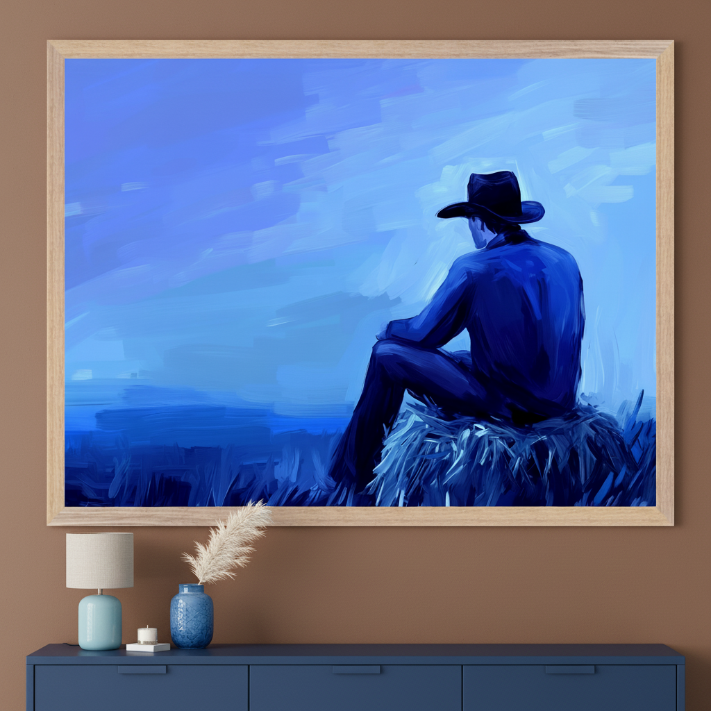 Modern room with a brown wall and a blue console table. A large, light wood framed painting of a person in a cowboy hat sitting on a hay bale, looking at a blue landscape, hangs centered above the console. The painting is predominantly blue.