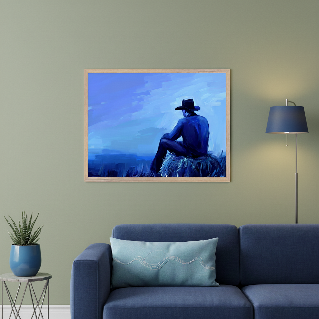 Living room with a blue sofa and floor lamp. A framed painting of a man in a hat sitting on a hay bale, looking at a blue landscape, hangs above the sofa. The painting uses a painterly, predominantly blue style.