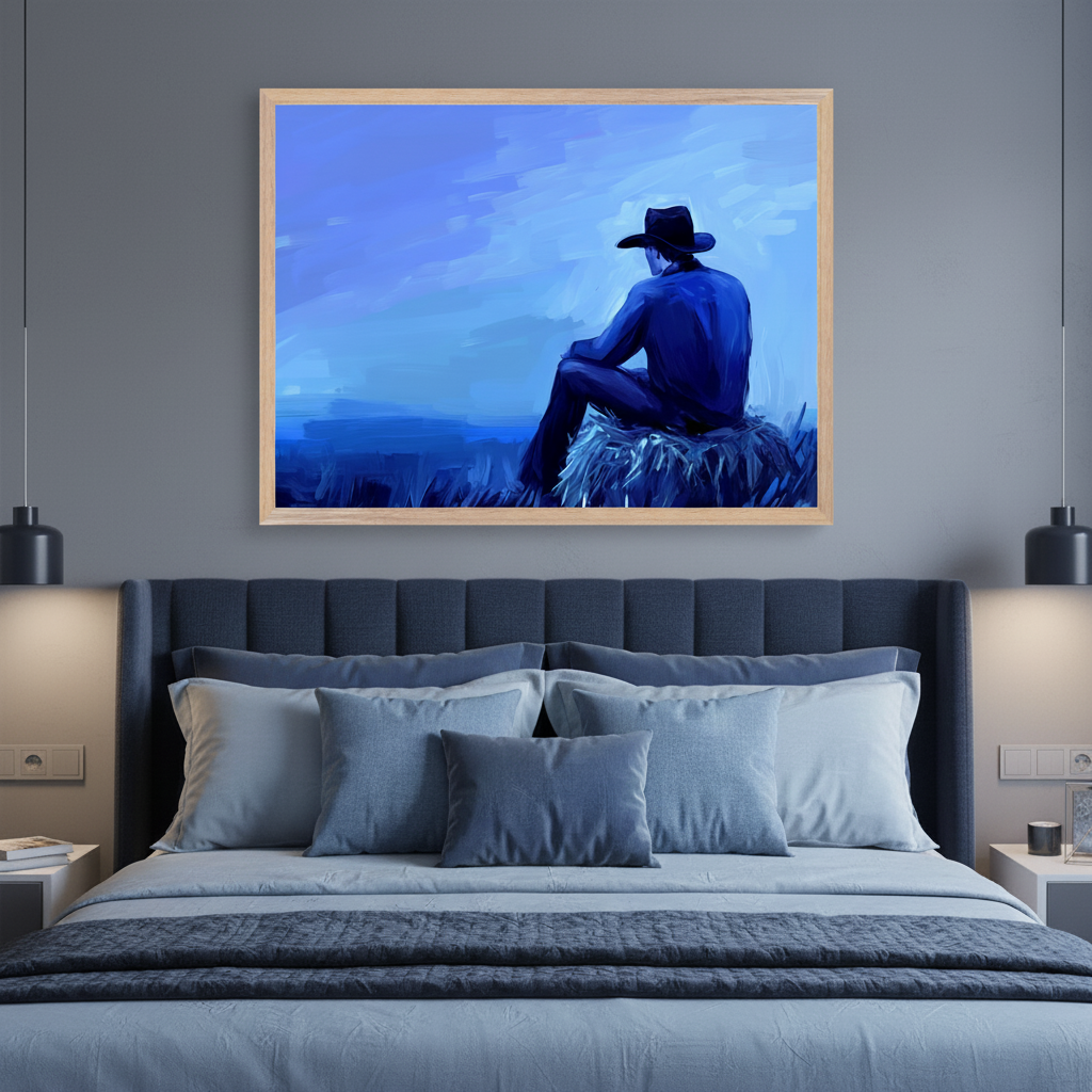 Modern bedroom with a large bed featuring a blue upholstered headboard. A light wood-framed painting hangs centered above the bed, depicting a man in a hat sitting on a hay bale and looking at a vast blue, brushstroke landscape.