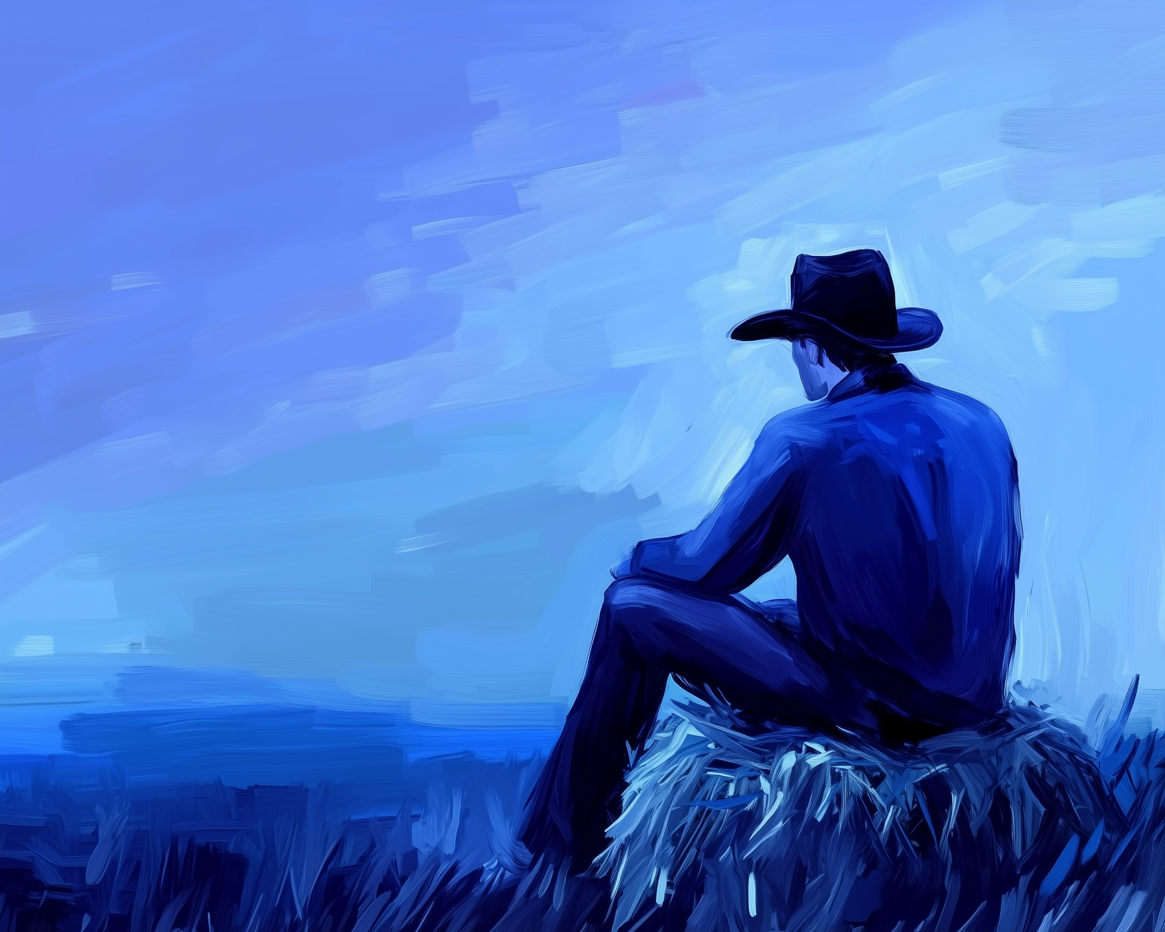 Stylized painting of a cowboy wearing a wide-brim hat sitting on a hay bale and staring thoughtfully across a soft blue horizon under twilight light. A rustic country scene appealing to both kids and adults, evoking calm, open space, and cowboy lifestyle.
