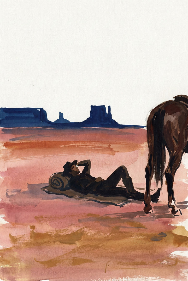 Watercolor-style painting of a cowboy reclining on a bedroll in a desert landscape, resting in the shade of his horse. The scene features warm earth tones with distant blue buttes on the horizon, evoking a peaceful moment in the American West.