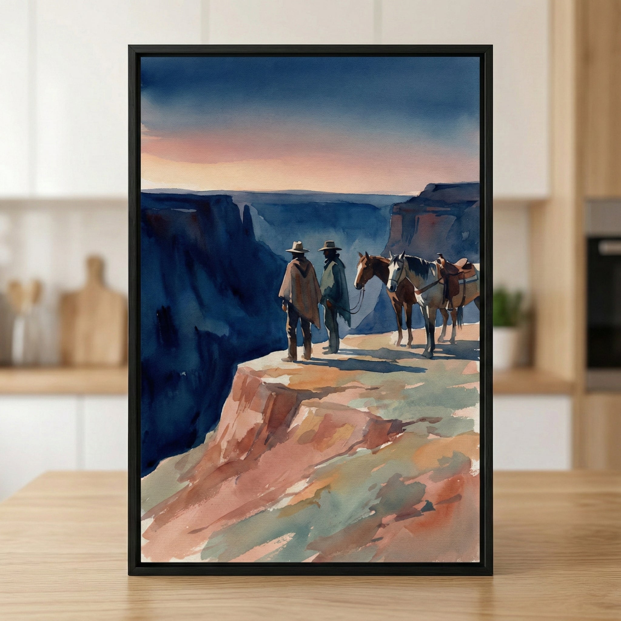 Watercolor painting of two cowboys standing at the edge of a canyon with their horses, gazing out over a dramatic western landscape at dusk.