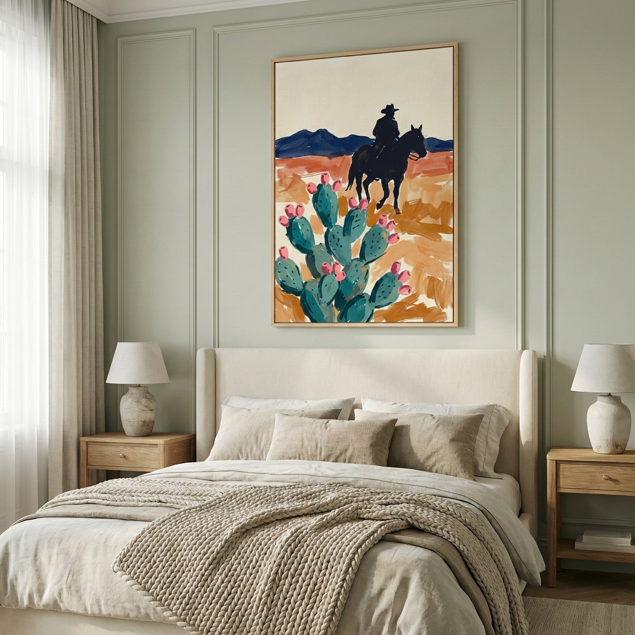 Large western-themed art print of a cowboy riding a horse through the desert, featuring a vivid cactus in the foreground, displayed above a neutral-toned bed. The painting blends rustic charm with vibrant southwestern color.