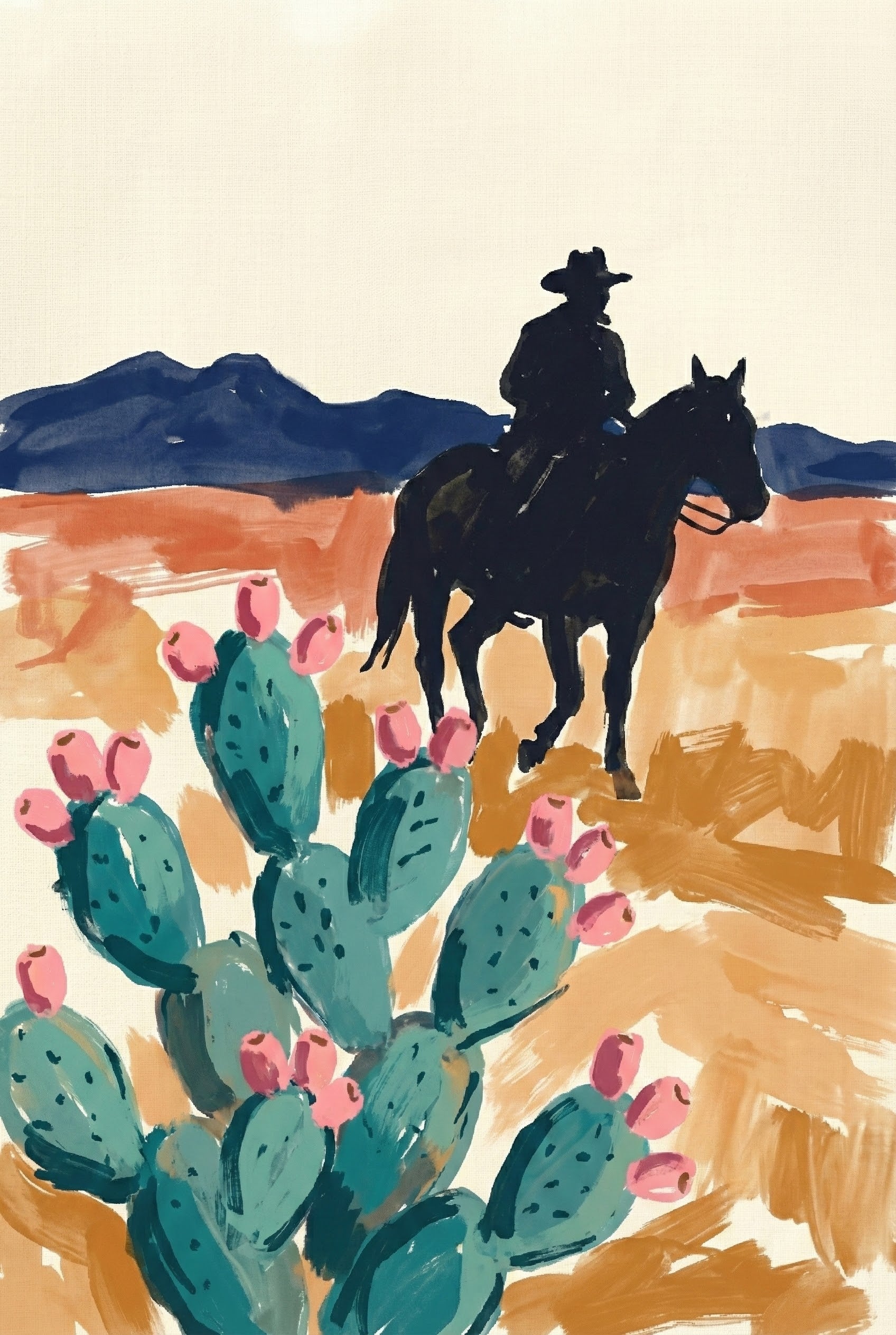 Watercolor painting of a cowboy on horseback in silhouette, riding through a desert landscape with mountains in the background. In the foreground, a cluster of vibrant prickly pear cactus with green pads and pink blooms adds contrast to the warm, sandy terrain.