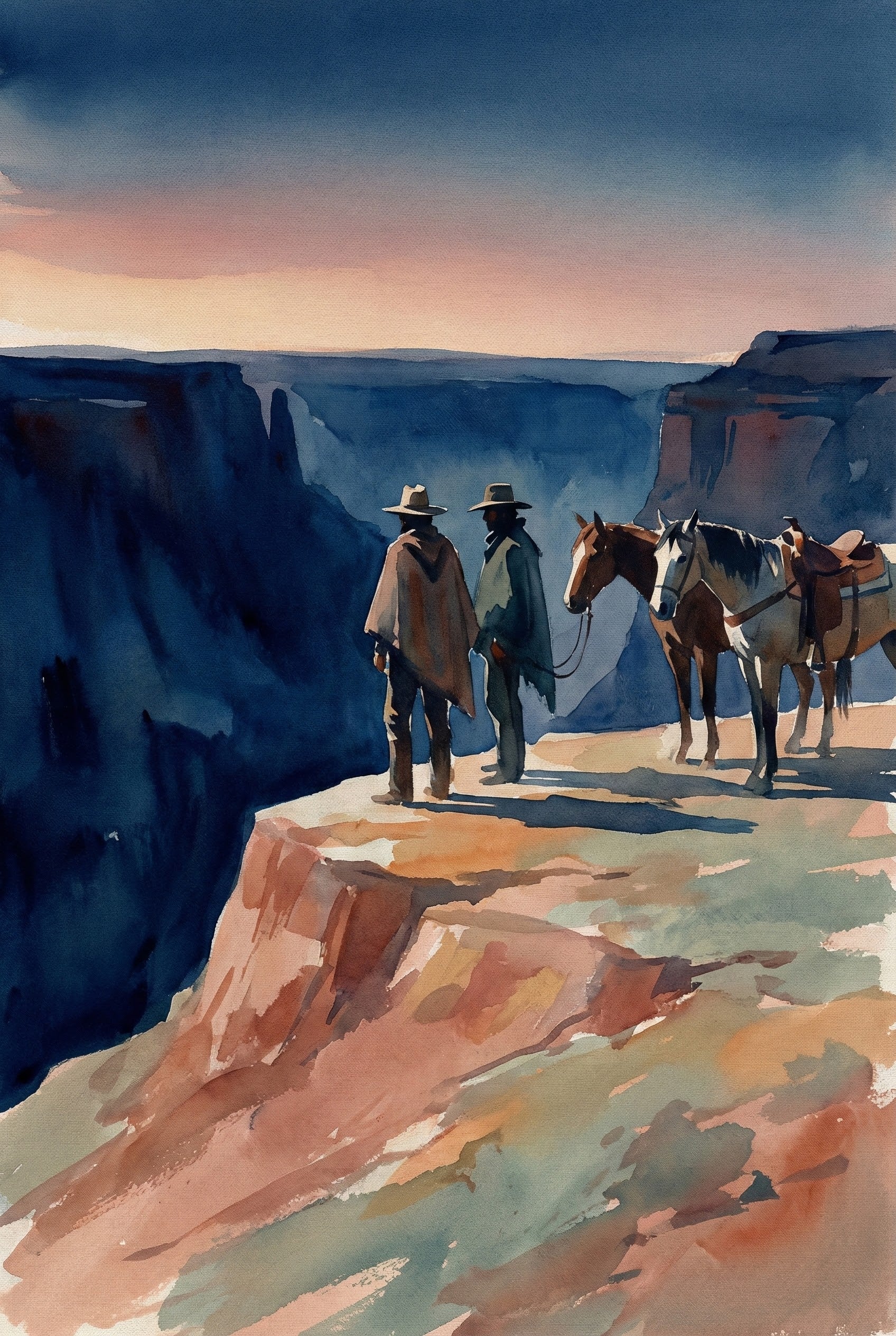 Watercolor painting of two cowboys standing on the edge of a canyon at sunset, gazing into the vast landscape below. They wear ponchos and wide-brimmed hats, with two saddled horses beside them. The scene is filled with warm tones of the desert and deep blues of the canyon shadows, evoking a sense of quiet reflection and frontier adventure.
