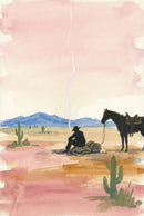 Watercolor painting of a cowboy sitting on a bedroll, smoking, with his horse standing nearby in a vast desert landscape. The sky is washed in soft pinks and creams, with distant blue mountains and scattered cacti adding depth. A thin trail of smoke rises vertically, enhancing the quiet, contemplative mood of the Western scene.
