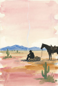 Watercolor painting of a cowboy sitting on a bedroll, smoking, with his horse standing nearby in a vast desert landscape. The sky is washed in soft pinks and creams, with distant blue mountains and scattered cacti adding depth. A thin trail of smoke rises vertically, enhancing the quiet, contemplative mood of the Western scene.