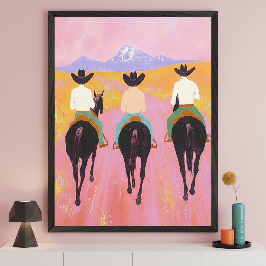 Modern room with a pink wall and a white console table. A large black-framed painting hangs above it, showing three faceless cowboys on black horses riding away on a pink path, with yellow fields, purple mountains, and a pink sky in a painterly style.