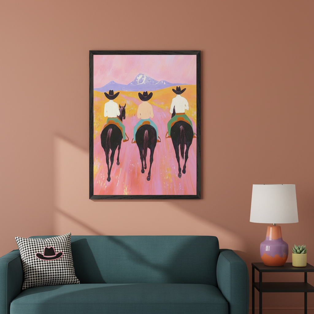 Living room with a teal sofa and side table. A framed painting above the sofa, to the right, depicts three people on horseback, from behind, riding a colorful path towards mountains under a pink sky, in a vibrant, illustrative style.