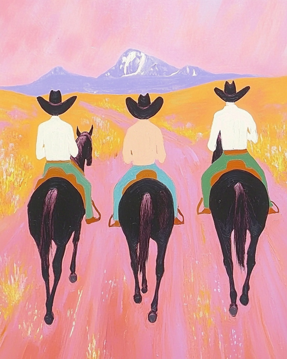 Three cowboys on horseback ride along a pink trail through a yellow field, with mountains visible in the distance under a pink sky.