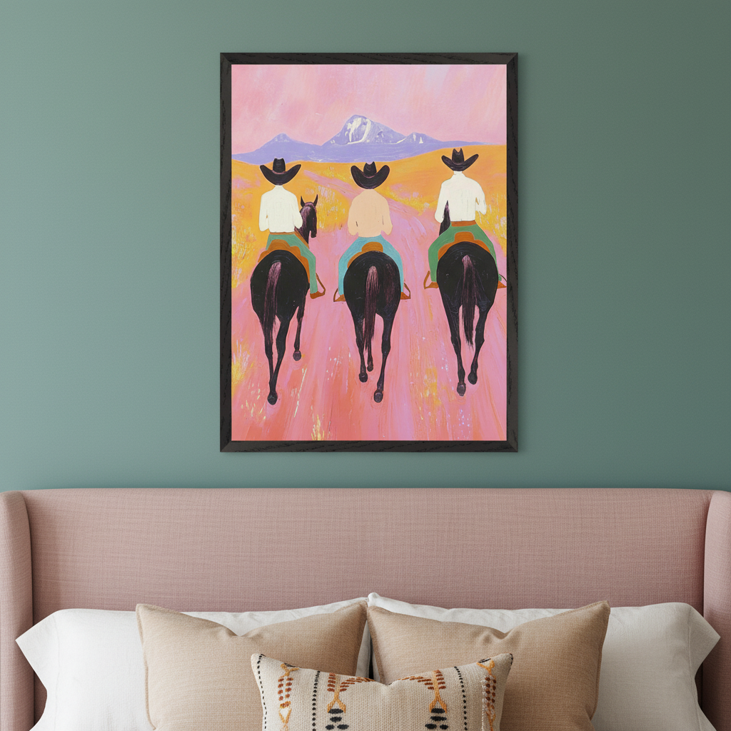 Bedroom with a teal wall and a pink upholstered headboard. A large framed painting of three cowboys riding horses away on a pink road towards distant mountains under a pink sky hangs above the bed.