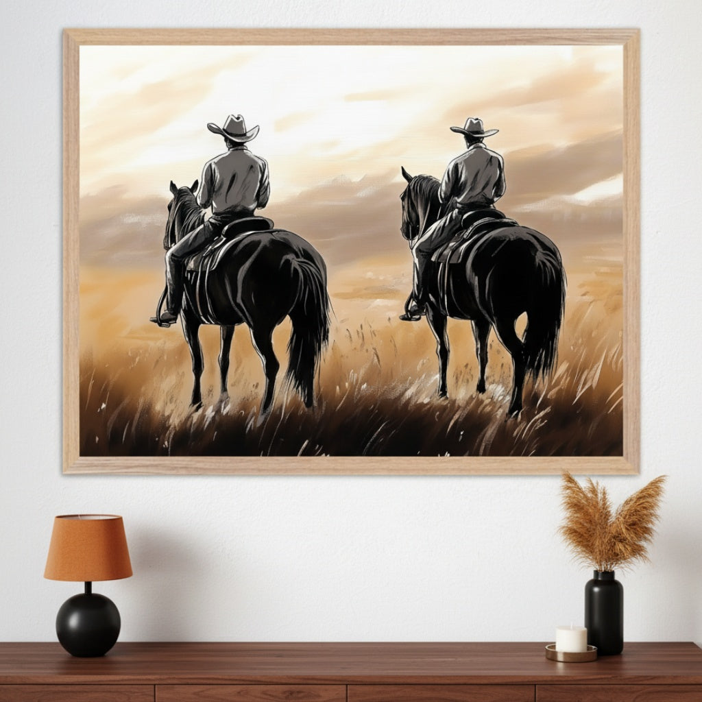 Modern room with a dark wood dresser. A large light wood framed painting hangs above the dresser, depicting two cowboys on black horses from behind, riding through a golden field under a sunset sky. Illustrative style.