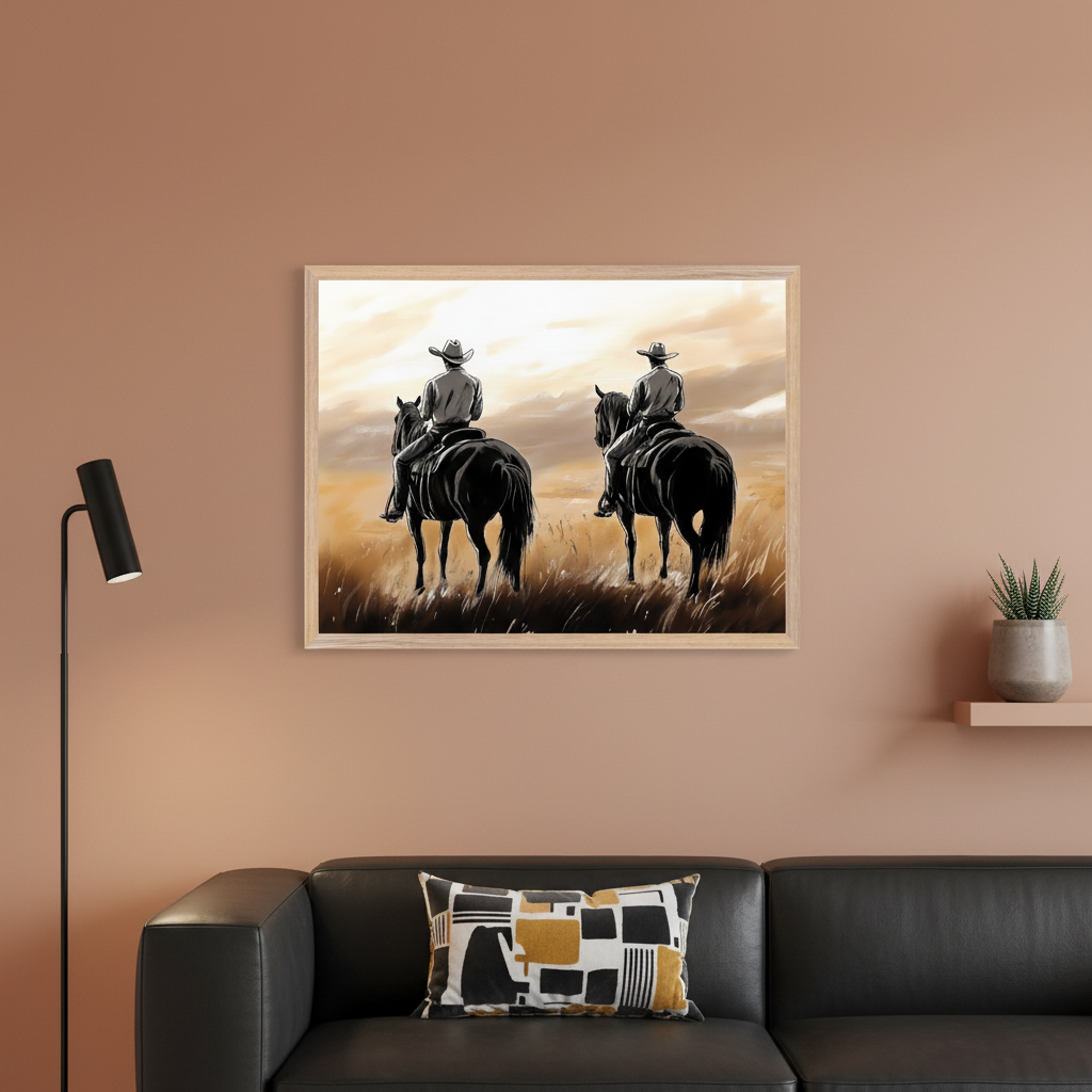 Modern living room with a black leather sectional sofa and black floor lamp. A framed painting depicting two cowboys on horses, seen from behind, riding through a golden field at sunset, hangs on a terracotta wall above the sofa. A small potted plant is on a floating shelf.