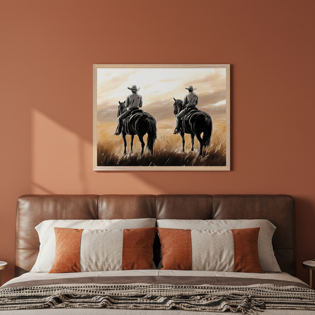 Bedroom with a brown leather headboard. A framed painting depicting two cowboys on horseback, viewed from behind, riding through a field toward a sunset horizon, hangs centered above the bed.