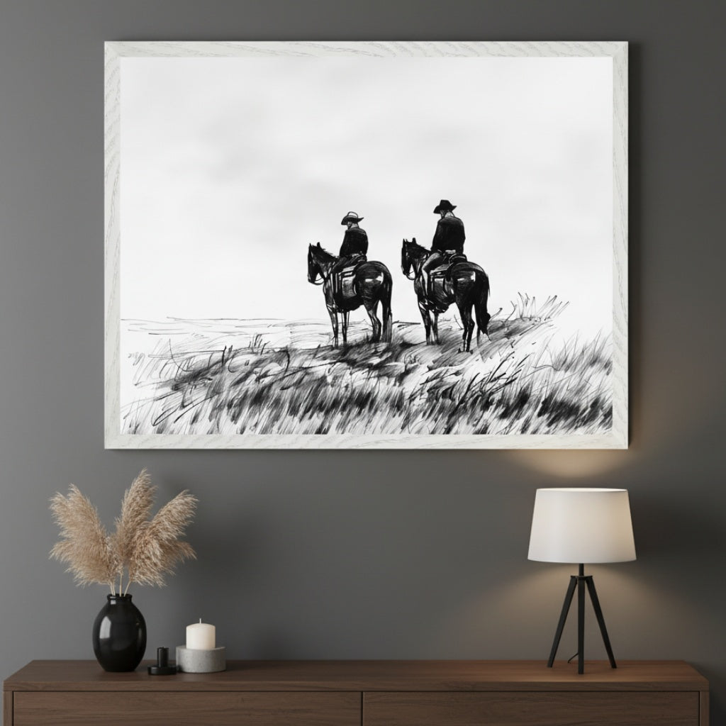 Modern room with a dark gray wall and a wooden dresser. A large framed black and white sketch of two cowboys on horseback in a grassy field hangs above the dresser. Pampas grass, a candle, and a lamp are on the dresser.