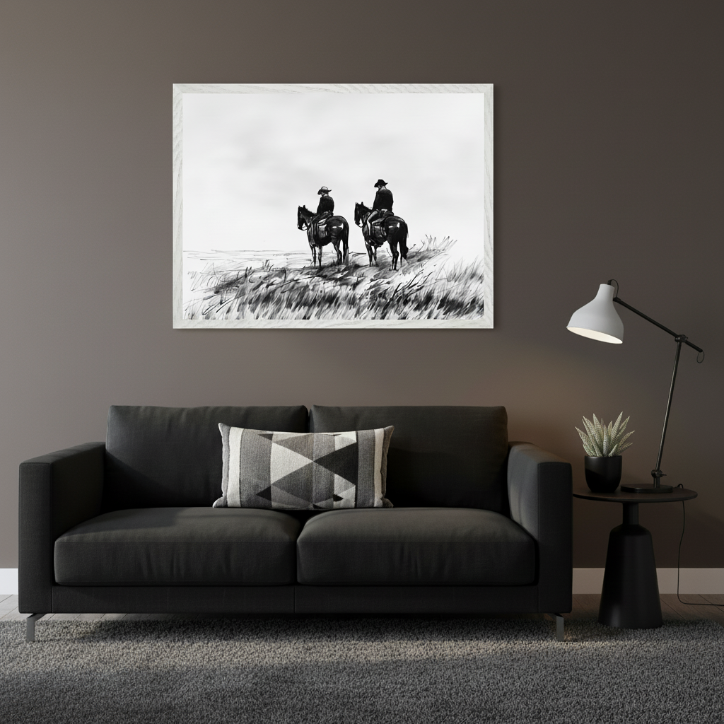 Modern living room with a dark gray sofa. A large framed black and white sketch of two cowboys on horses in a grassy field hangs centered above the sofa. A black side table with a plant and a floor lamp are to the right.