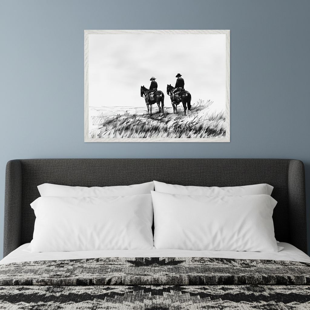 Modern bedroom with a dark gray upholstered bed. A framed black and white drawing of two cowboys on horseback in a grassy field hangs centered above the bed's headboard.