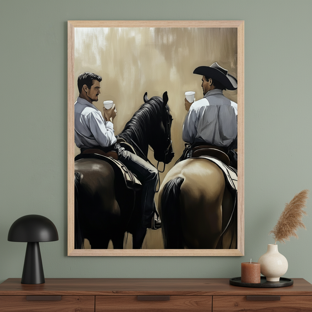 Modern room with a dark wooden console table. A large framed painting of two men on horseback, holding coffee cups, hangs centered above the console. One man wears a cowboy hat. Painterly style.