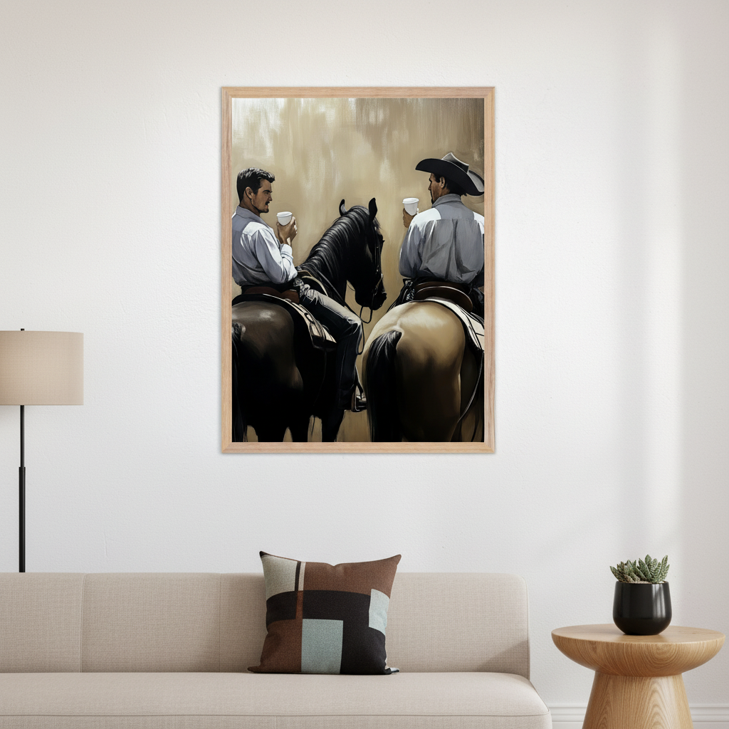 Modern living room with a beige sofa, patterned cushion, and wooden side table. A framed realistic painting of two men on horseback holding cups hangs above the sofa.