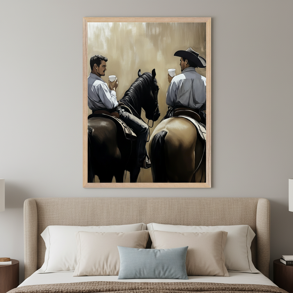 Modern bedroom with a beige upholstered bed. A large framed painting hangs centered above the bed, depicting two cowboys on horses, holding cups, against a warm, muted background.