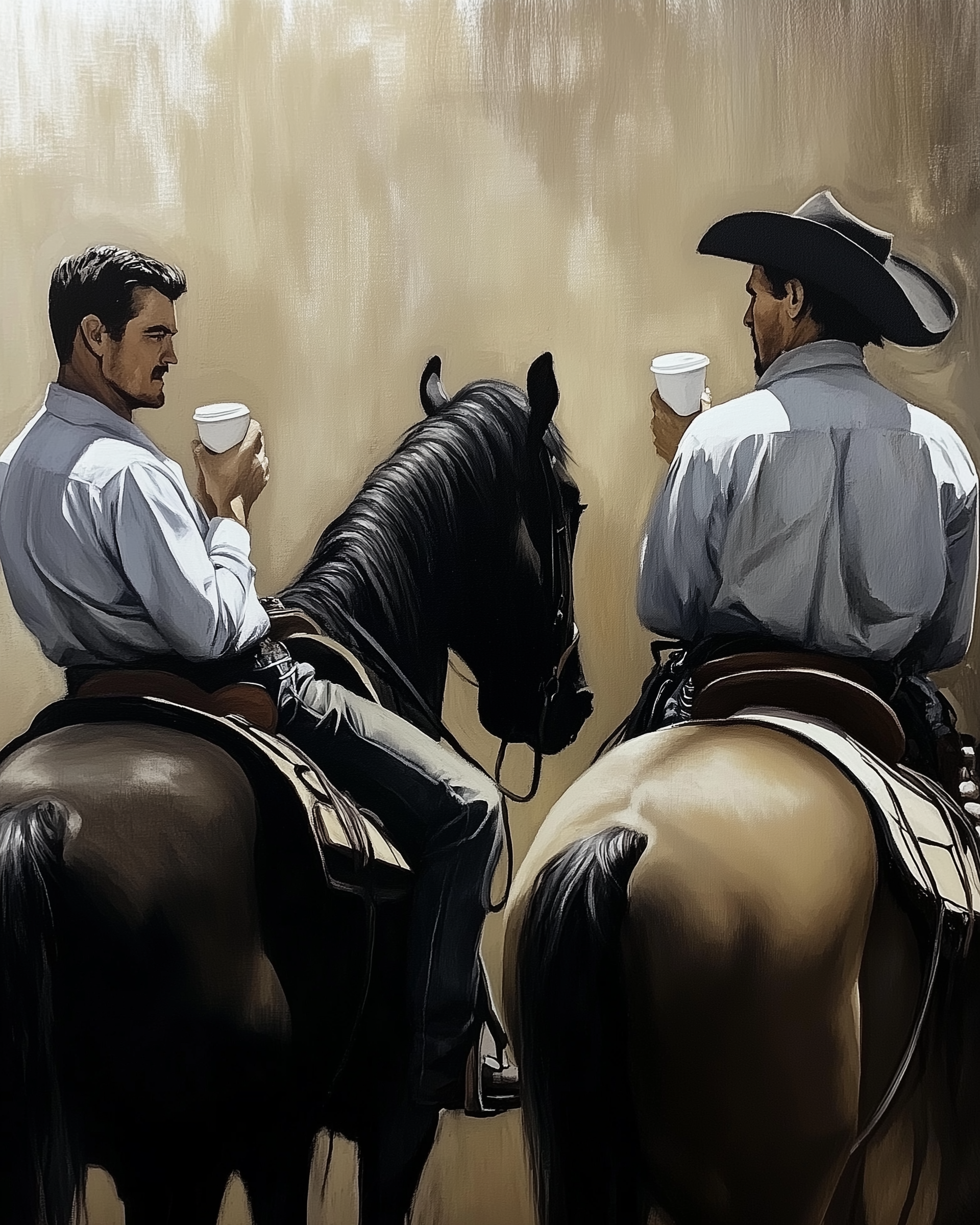 Painting of two cowboys on horseback facing each other, each holding a white cup as if pausing for a coffee break. The neutral-toned background emphasizes their relaxed posture and the detailed textures of their horses and clothing.