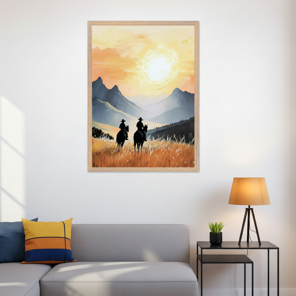 Modern living room with a gray sectional sofa. A large framed painting hangs above the sofa, depicting two cowboys on horses in a sunlit field with mountains in the background, in a painterly style.