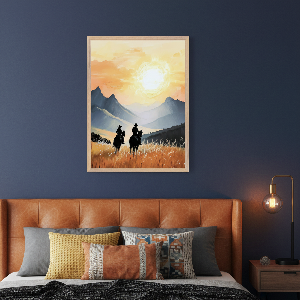 Modern bedroom with a brown leather tufted headboard. A framed painting of two cowboys on horseback riding towards a bright sun over mountains and golden fields hangs centrally above the bed.