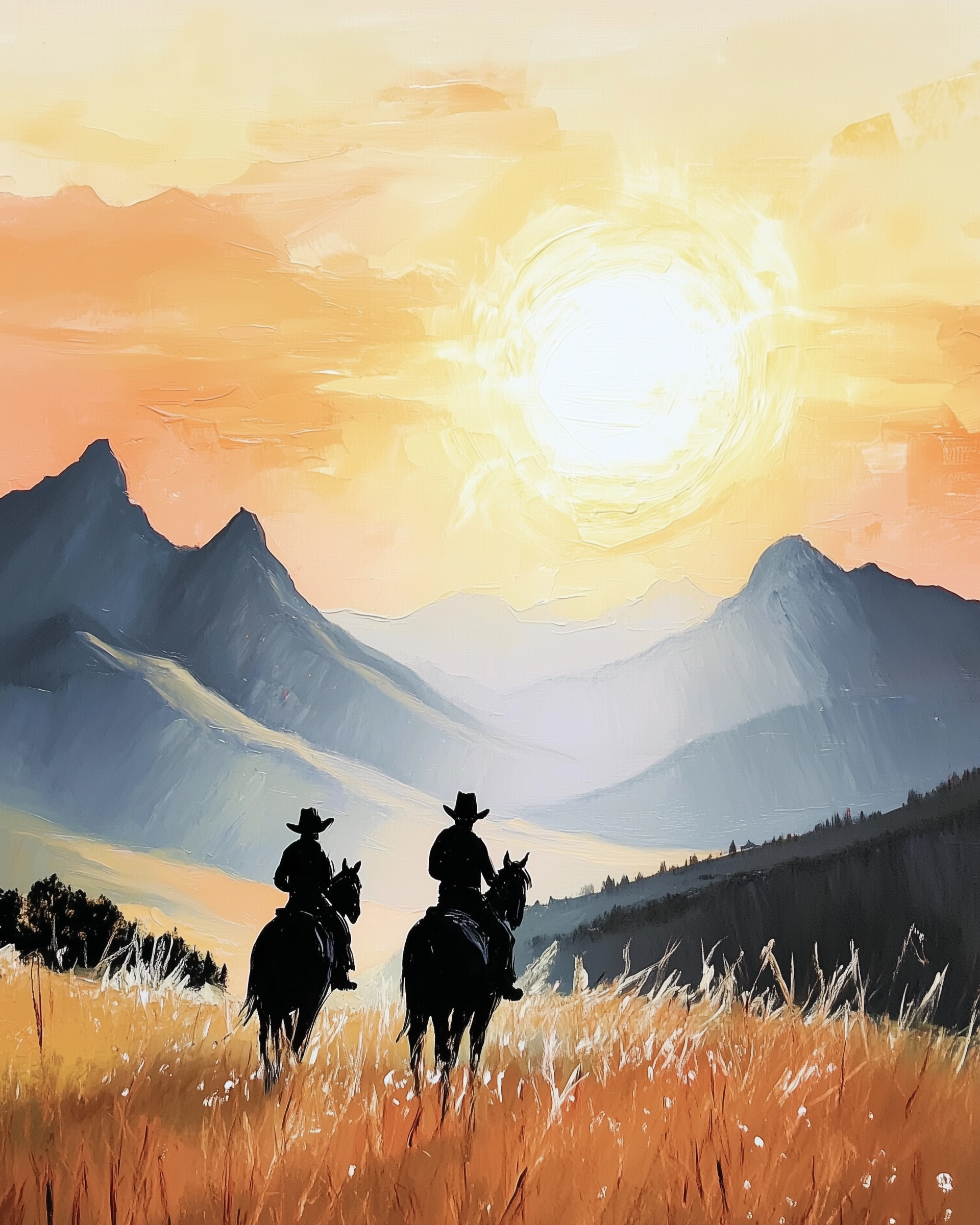 Dramatic western painting of two cowboys riding horseback through a golden field at sunset, silhouetted against a glowing sun and rugged mountain range. The warm orange sky and long shadows create a striking sense of motion and atmosphere.