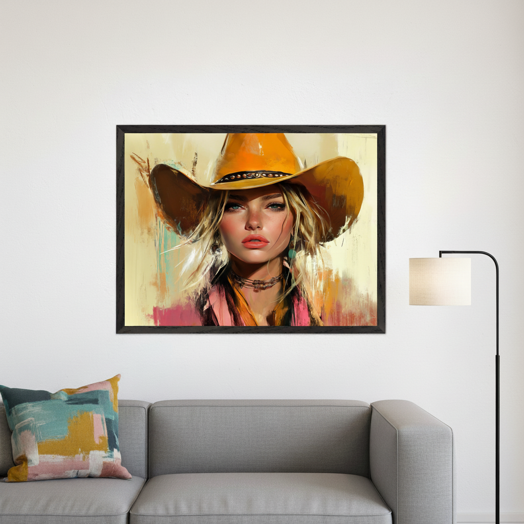 Modern living room with a gray sofa and colorful pillow. A large framed, colorful, painterly portrait of a woman in an orange cowboy hat hangs centered above the sofa. A black floor lamp is on the right.
