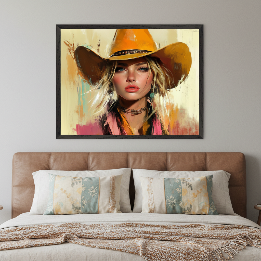 Bedroom with a bed and brown leather headboard. A large framed expressive portrait painting of a woman in a yellow cowboy hat hangs centered above the bed.