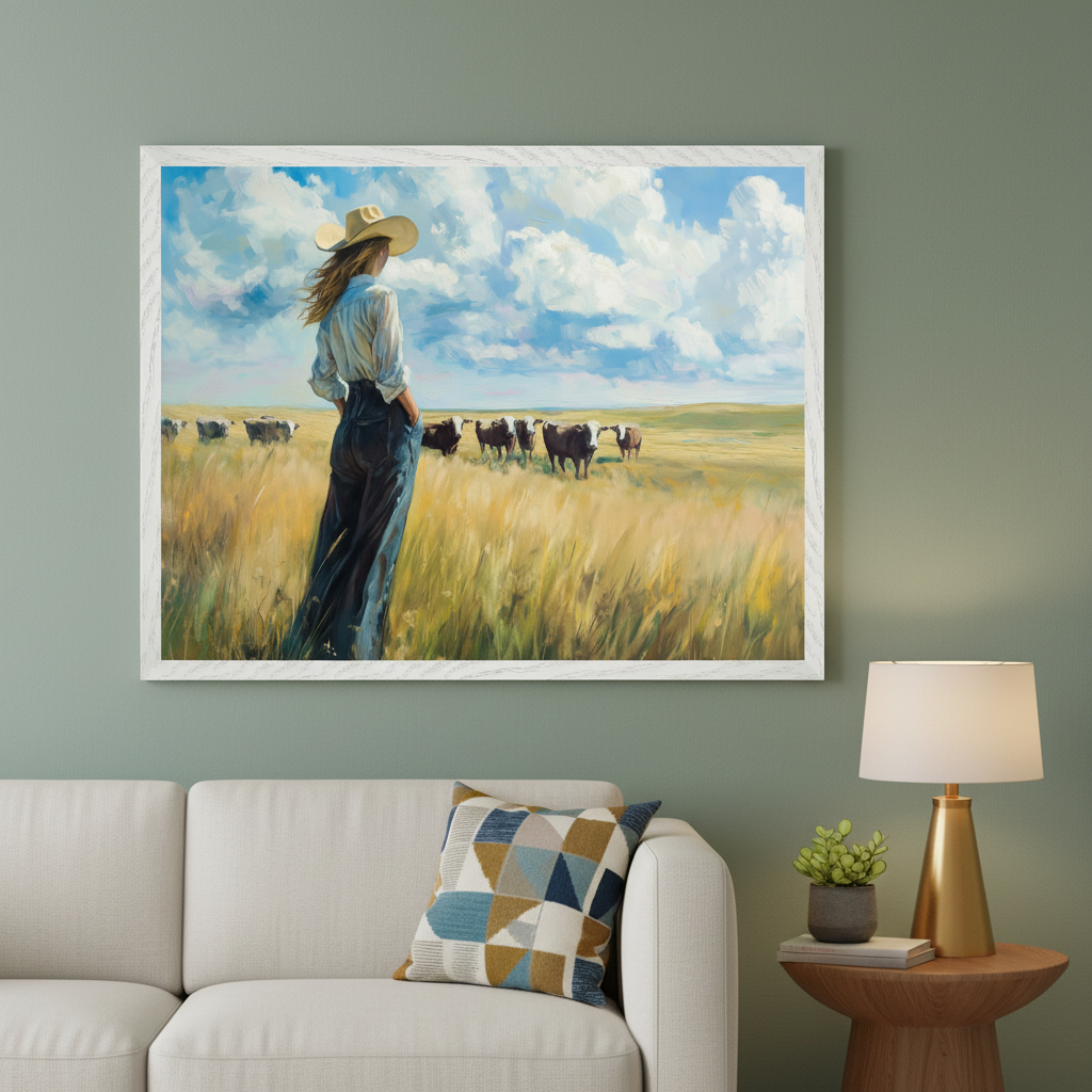 Modern living room with a white sofa and a wooden side table. A large framed painting of a woman in a cowboy hat looking at cows in a field under a cloudy sky hangs above the sofa.