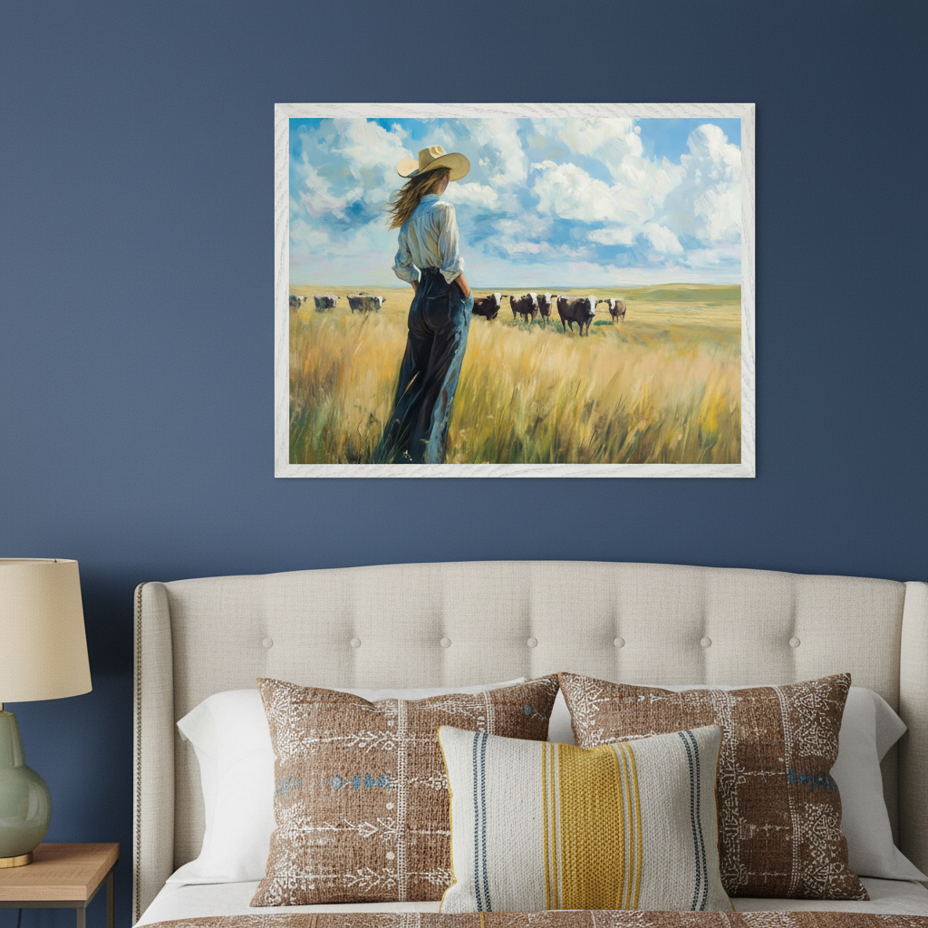 Bedroom with a beige tufted headboard against a dark blue wall. A large framed painting of a cowgirl in a field with cows under a cloudy sky hangs centered above the bed.