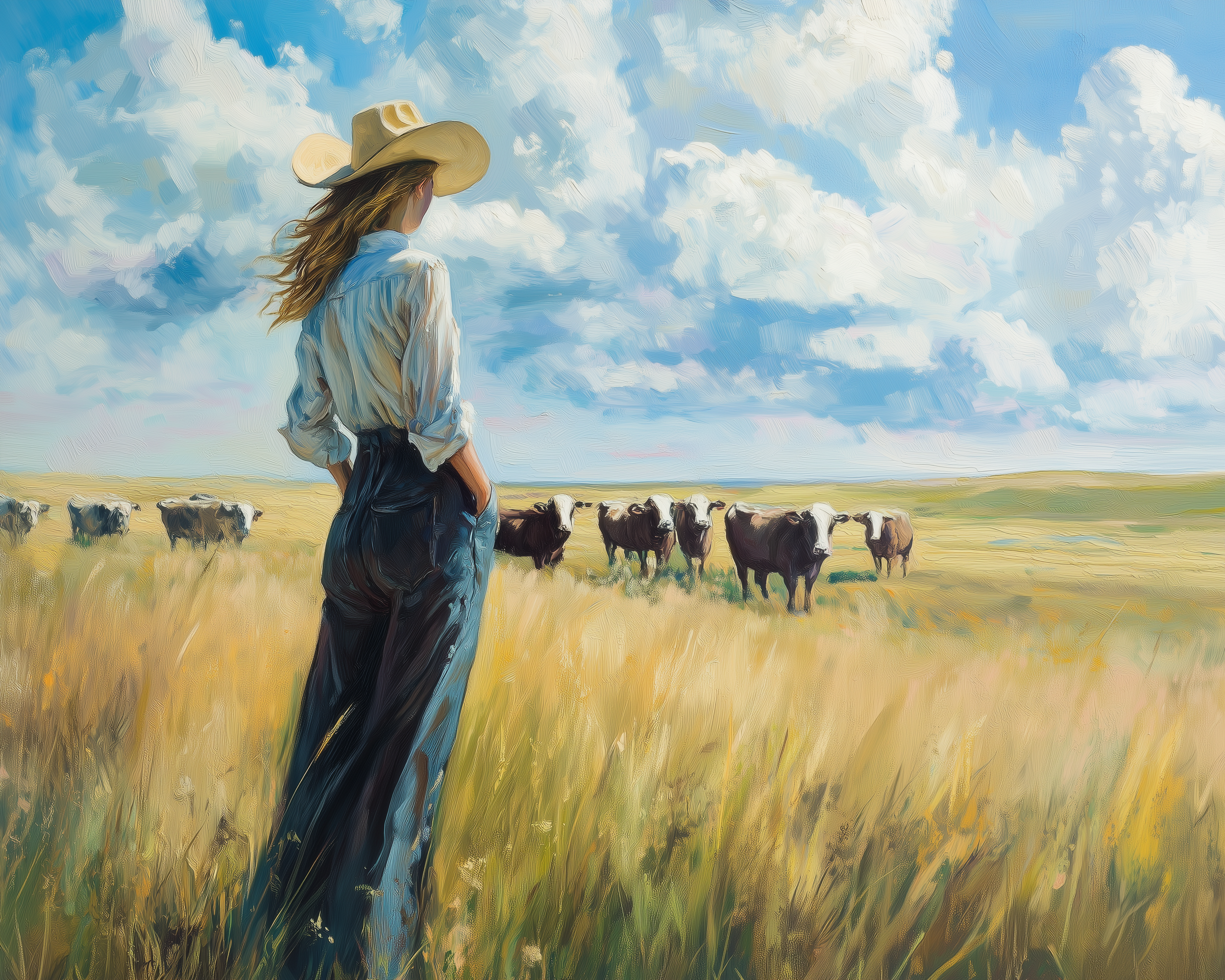 Stylized painting of a woman in a cowboy hat standing in a golden grassy field, looking at a herd of cows under a blue sky with fluffy clouds.
