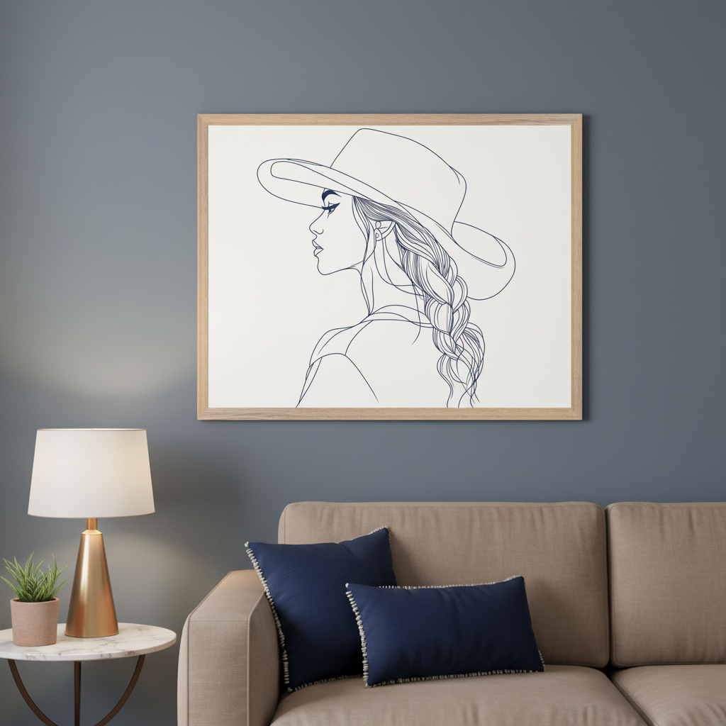 Modern living room with a light brown sofa and navy cushions against a dark blue wall. A light wood-framed line art drawing of a woman in a hat with a braid hangs centrally above the sofa. A side table with a lamp and plant is to the left.