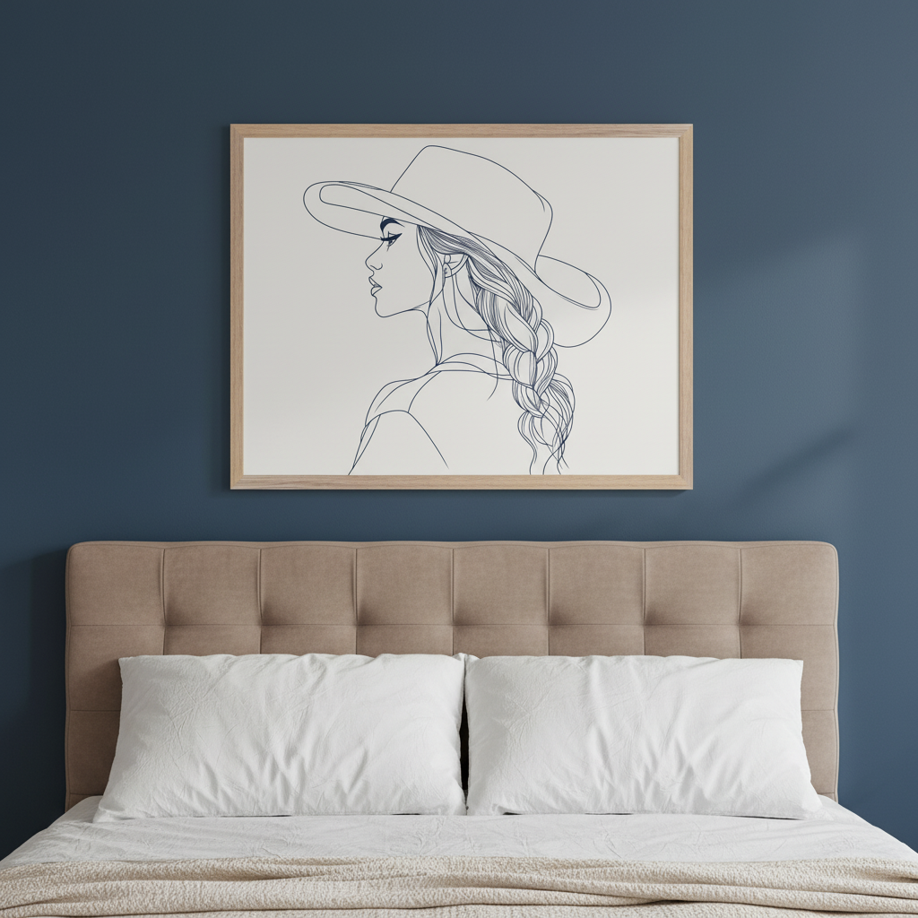Modern bedroom with a beige upholstered bed and two white pillows. A framed line art drawing of a woman with a braided ponytail and a cowboy hat hangs centered above the bed on a dark blue wall.