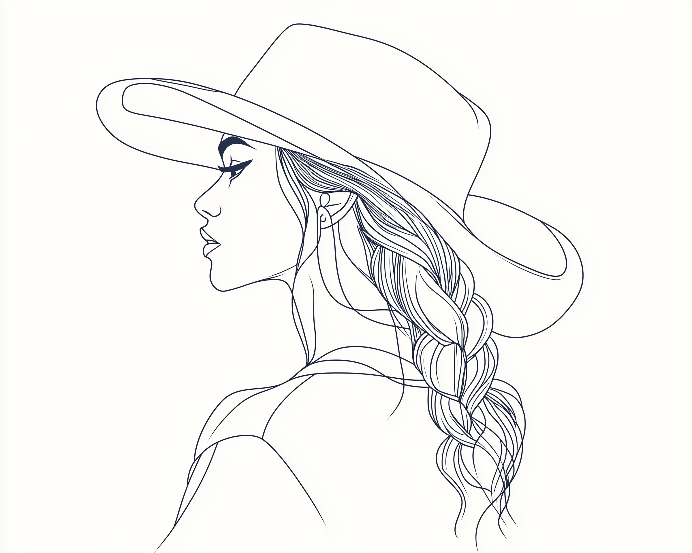 Minimalist line drawing of a woman in a wide-brimmed cowboy hat with a side braid, facing left in a simple and elegant profile view.
