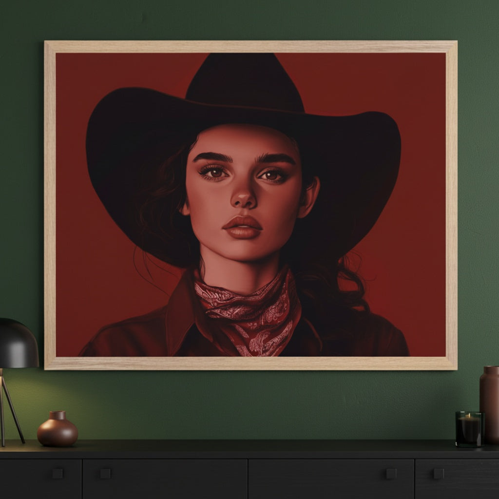 Modern living room with dark green walls and a dark credenza. A large, light wood-framed realistic portrait of a woman wearing a black cowboy hat and red bandana against a red background hangs centrally above the credenza. A dark lamp and small decorative items are on the credenza.